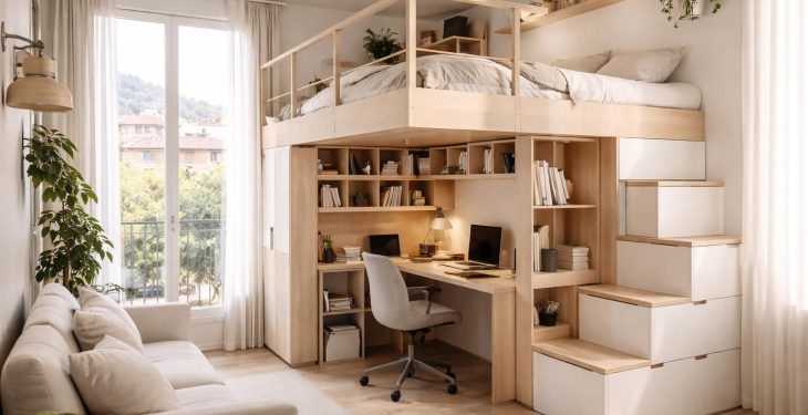 découvrez comment aménager un studio étudiant à lyon avec une mezzanine, un bureau compact et des rangements astucieux pour optimiser l'espace et créer un environnement fonctionnel et confortable.