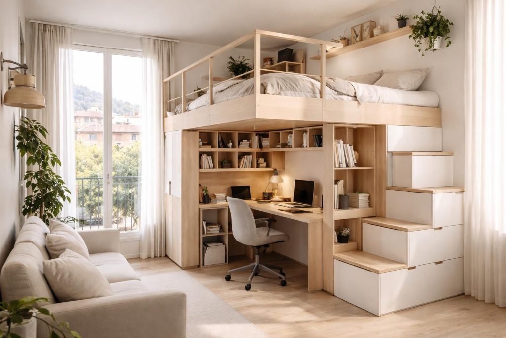 Aménager un studio étudiant à Lyon avec mezzanine, bureau compact et rangements malins gain de place
