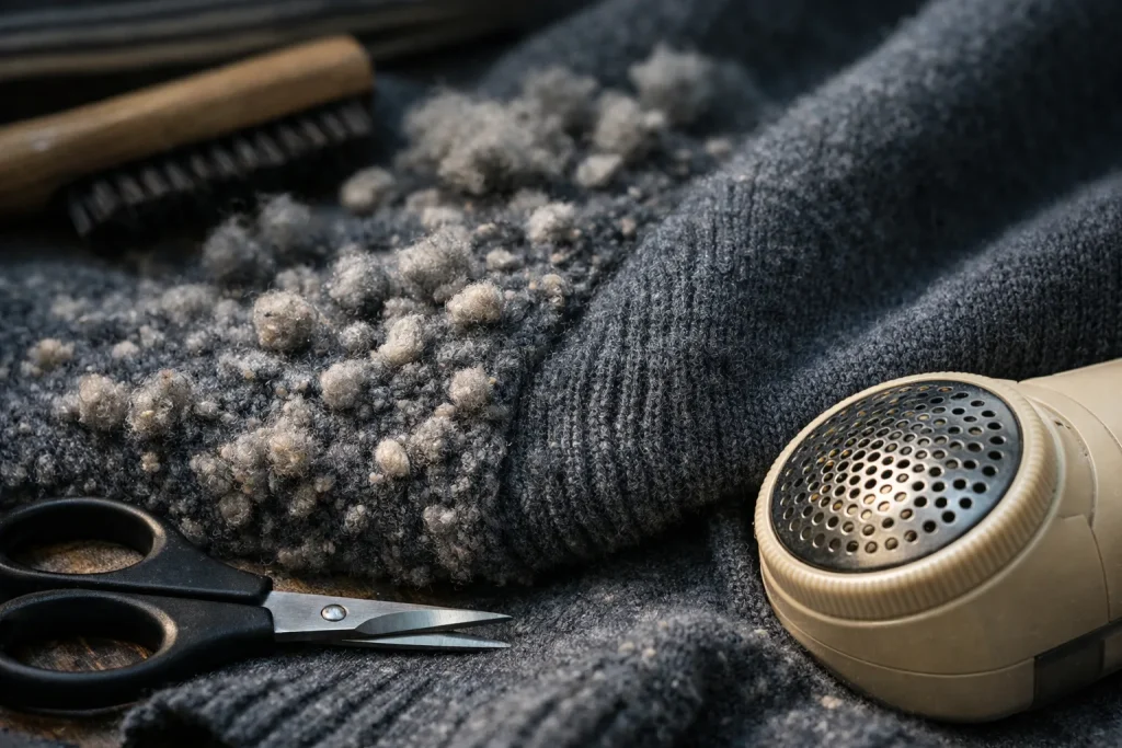 Un lainage bouloche là où il frotte, pas là où il est fragile